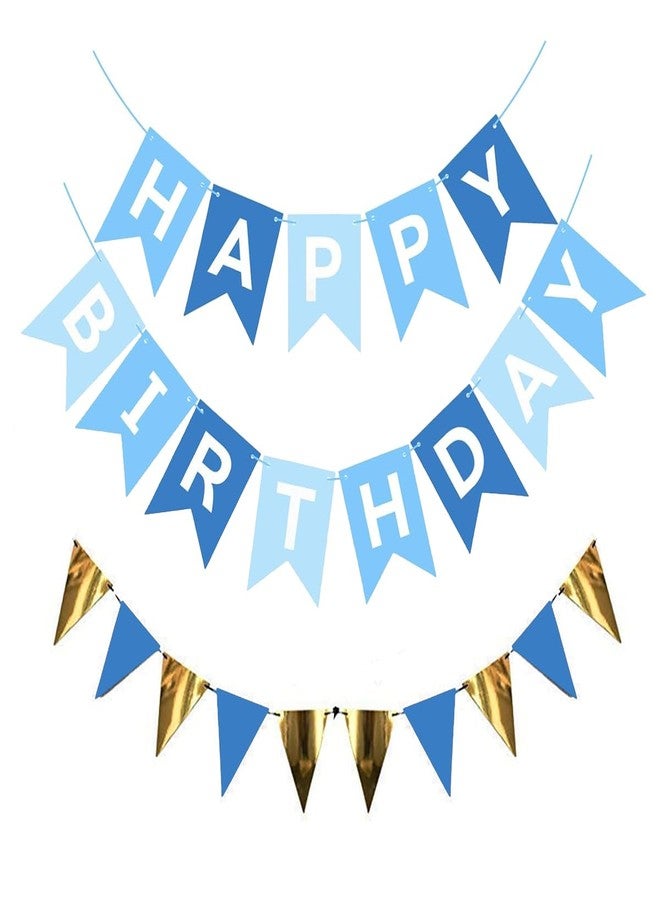 PICKKART Happy Birthday Banner Set, Black and Gold Party Decoration with Triangle Bunting Flags (BLUE-D BLUE) - Image 1